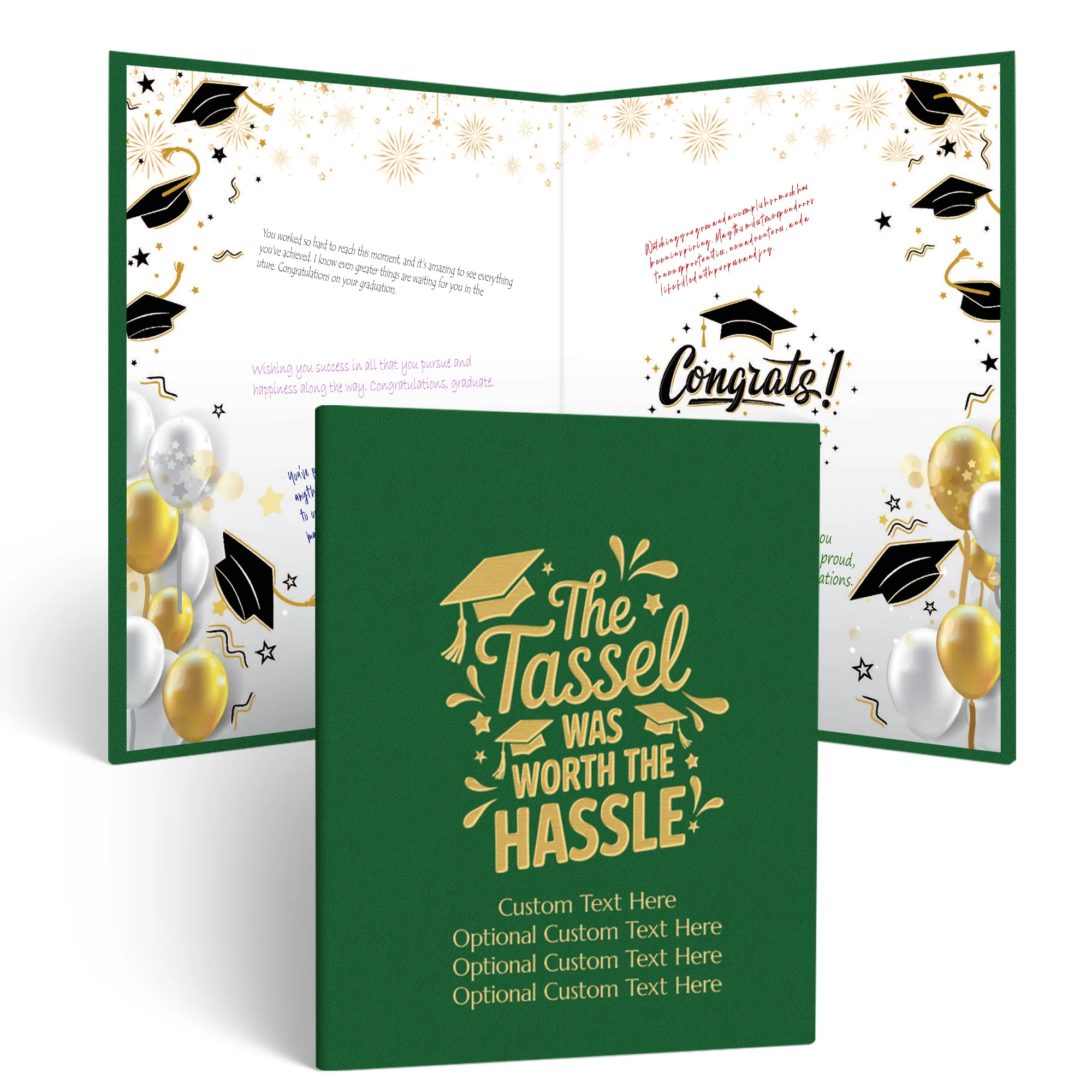 Green and gold graduation guestbook with a textured cover reading “The Tassel Was Worth The Hassle” and customizable lines “Custom Text Here Optional Custom Text Here Optional Custom Text Here Optional Custom Text Here.” Inside, the grad party guestbook f